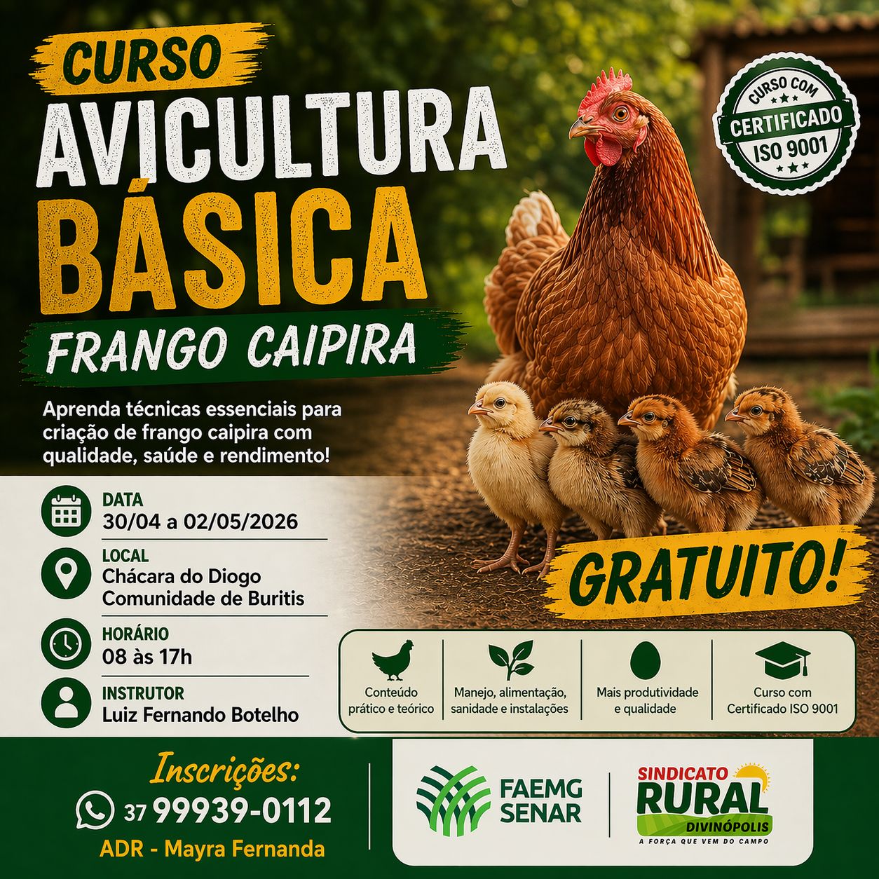 Produção de Qualidade Sindicato Rural oferece curso gratuito de criação de galinha caipira em Divinópolis