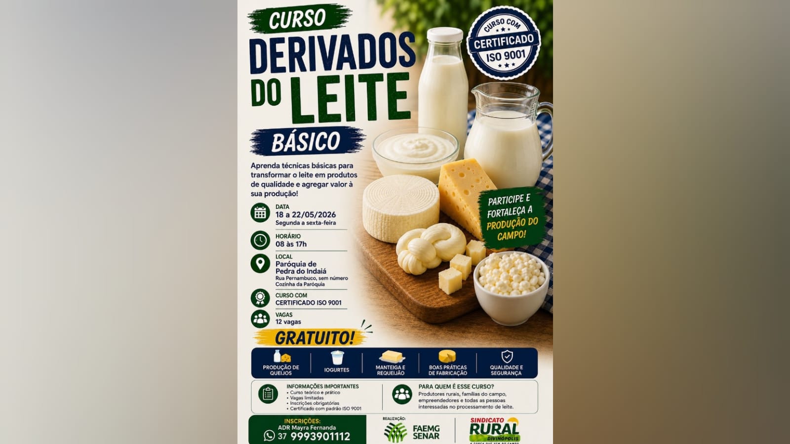 Empreendedorismo Rural Sistema FAEMG SENAR capacita produtores de leite em Pedra do Indaiá