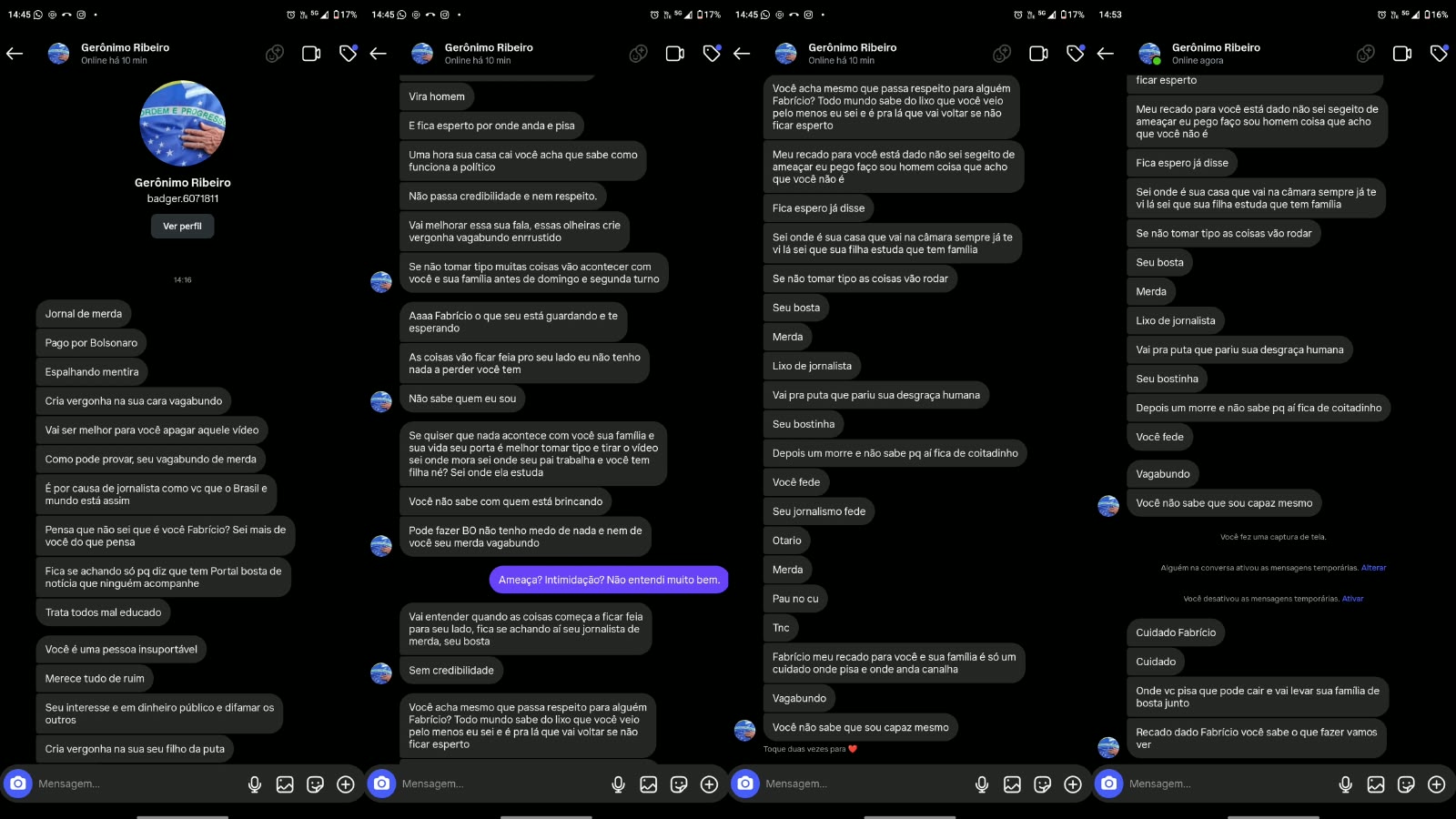 Intimidação e ameaças Jornalista sofre ofensas e ameaças graves envolvendo sua filha após divulgar vídeo de crime eleitoral, em Divinopolis